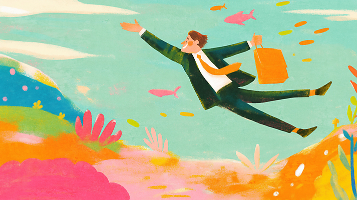 JPG 전신 남자 가방 일러스트 한명 미소 들기 정장 성인 손들기 바닷속 비행 비즈니스맨 성인남자한명만 물고기떼 국내일러스트 AI일러스트 AI콘텐츠 1 잡화 옷 비즈니스 모션 표정 어류 사람 수중 직장인 남자한명만 성인남자만 파일형식