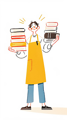 JPG 전신 남자 일러스트 한명 미소 들기 성인 쌓기 앞치마 사서 책더미 성인남자한명만 국내일러스트 AI일러스트 AI콘텐츠 직업 1 모션 표정 사람 책 무더기 남자한명만 성인남자만 파일형식