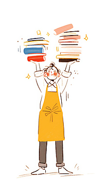 JPG 전신 여자 일러스트 한명 미소 들기 성인 반짝임 쌓기 앞치마 사서 책더미 성인여자한명만 국내일러스트 AI일러스트 AI콘텐츠 직업 1 모션 표정 사람 책 무더기 여자한명만 성인여자만 파일형식
