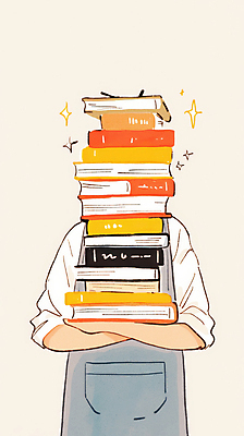 JPG 일러스트 한명 들기 사람 상반신 반짝임 쌓기 앞치마 사서 책더미 국내일러스트 AI일러스트 AI콘텐츠 직업 1 모션 책 무더기 파일형식