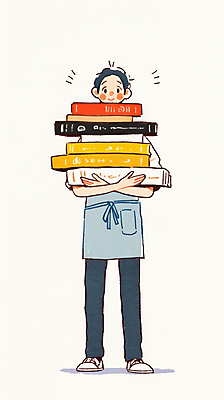 JPG 전신 남자 일러스트 한명 미소 들기 성인 쌓기 앞치마 사서 책더미 성인남자한명만 국내일러스트 AI일러스트 AI콘텐츠 직업 1 모션 표정 사람 책 무더기 남자한명만 성인남자만 파일형식