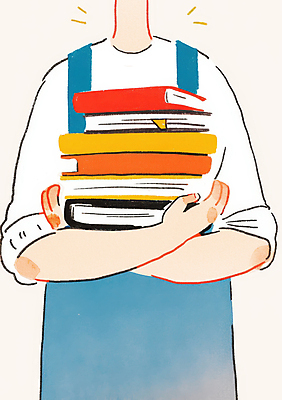 JPG 일러스트 한명 들기 사람 쌓기 앞치마 사서 책더미 국내일러스트 AI일러스트 AI콘텐츠 직업 1 모션 책 무더기 파일형식