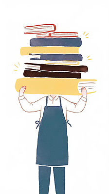 JPG 일러스트 한명 들기 사람 쌓기 앞치마 사서 책더미 국내일러스트 AI일러스트 AI콘텐츠 직업 1 모션 책 무더기 파일형식