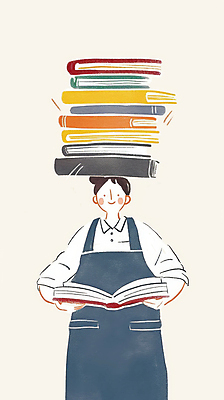 JPG 여자 일러스트 한명 미소 들기 성인 쌓기 앞치마 사서 책더미 성인여자한명만 국내일러스트 AI일러스트 AI콘텐츠 직업 1 모션 표정 사람 책 무더기 여자한명만 성인여자만 파일형식