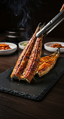 JPG 편집이미지 접시 한식 반찬 들기 사람없음 복날 구이 장어구이 주방용집게 편집실사 AI포토 AI콘텐츠 식기 기념일 음식 모션 집게 장어 CG 생선요리 파일형식