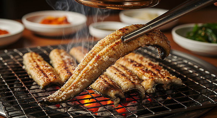 JPG 편집이미지 접시 한식 젓가락 반찬 들기 사람없음 복날 그릴 구이 장어구이 숯불구이 편집실사 AI포토 AI콘텐츠 식기 기념일 음식 모션 주방용품 수저 장어 CG 생선요리 파일형식