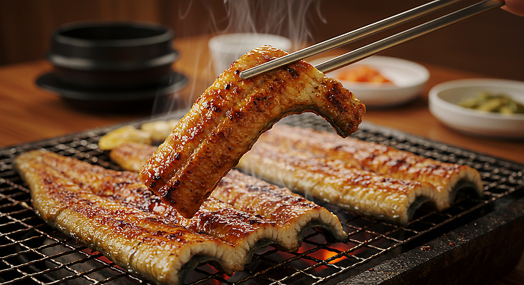 JPG 편집이미지 한식 젓가락 반찬 들기 사람없음 복날 그릴 수증기 장어구이 숯불구이 편집실사 AI포토 AI콘텐츠 기념일 음식 모션 주방용품 수저 구이 장어 CG 생선요리 파일형식