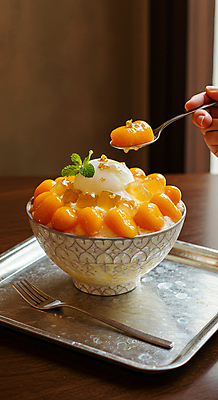 JPG 편집이미지 그릇 포크 잎 손가락 아이스크림 쟁반 들기 신체부위 숟가락 차가움 망고 한라봉 과일빙수 금박장식 나무탁자 망고빙수 편집실사 AI인물포토 AI콘텐츠 식물 식기 손 과일 모션 탁자 디저트 수저 사람 장식 CG 열대과일 빙수 파일형식 AI포토