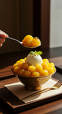 JPG 편집이미지 그릇 손 포크 잎 아이스크림 들기 신체부위 숟가락 차가움 망고 한라봉 과일빙수 금박장식 나무쟁반 나무탁자 망고빙수 편집실사 AI인물포토 AI콘텐츠 식물 식기 과일 모션 탁자 디저트 쟁반 수저 사람 목재 장식 CG 열대과일 빙수 파일형식 AI포토