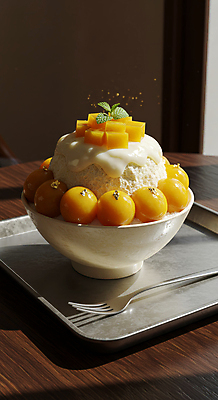 JPG 편집이미지 그릇 포크 잎 아이스크림 쟁반 사람없음 차가움 망고 한라봉 과일빙수 금박장식 나무탁자 망고빙수 편집실사 AI포토 AI콘텐츠 식물 식기 과일 탁자 디저트 장식 CG 열대과일 빙수 파일형식