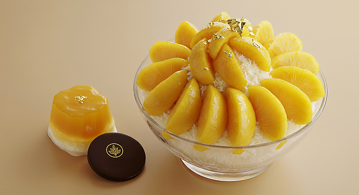 JPG 편집이미지 그릇 디저트 사람없음 차가움 망고 푸딩 한라봉 과일빙수 금박장식 베이지색 망고빙수 편집실사 AI포토 AI콘텐츠 식기 음식 컬러 과일 장식 CG 열대과일 빙수 파일형식