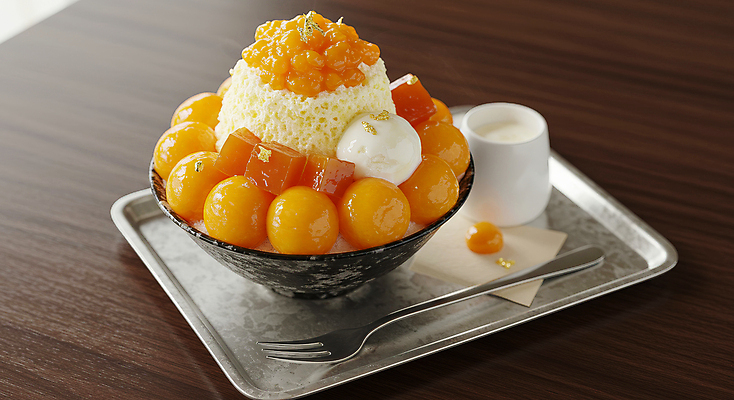 JPG 편집이미지 그릇 포크 아이스크림 쟁반 사람없음 차가움 망고 한라봉 과일빙수 금박장식 나무탁자 망고빙수 연유 편집실사 AI포토 AI콘텐츠 식기 과일 식재료 탁자 디저트 장식 CG 열대과일 빙수 파일형식