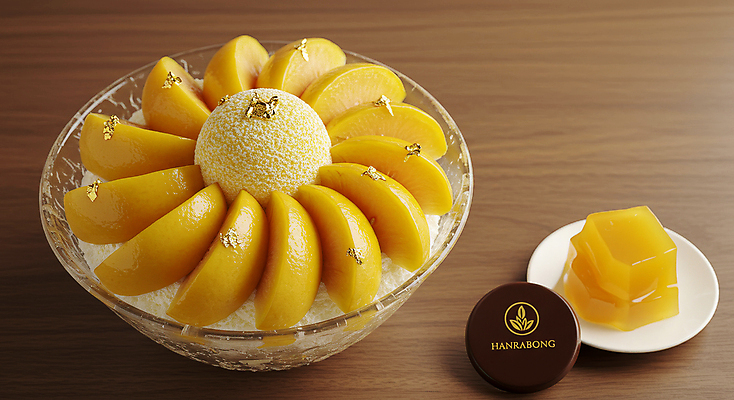 JPG 편집이미지 그릇 접시 아이스크림 사람없음 차가움 망고 푸딩 한라봉 과일빙수 금박장식 나무탁자 망고빙수 편집실사 AI포토 AI콘텐츠 식기 과일 탁자 디저트 장식 CG 열대과일 빙수 파일형식