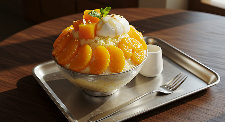 JPG 편집이미지 그릇 포크 잎 아이스크림 쟁반 사람없음 차가움 망고 한라봉 과일빙수 금박장식 나무탁자 망고빙수 연유 편집실사 AI포토 AI콘텐츠 식물 식기 과일 식재료 탁자 디저트 장식 CG 열대과일 빙수 파일형식