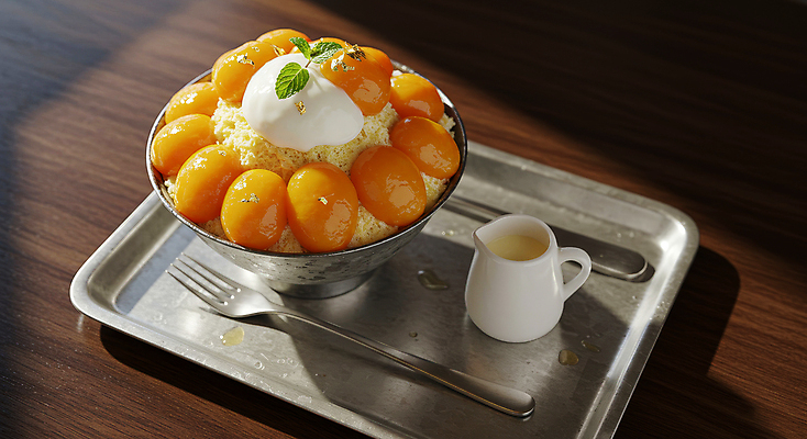 JPG 편집이미지 그릇 포크 잎 아이스크림 쟁반 사람없음 차가움 망고 한라봉 과일빙수 금박장식 나무탁자 망고빙수 연유 편집실사 AI포토 AI콘텐츠 식물 식기 과일 식재료 탁자 디저트 장식 CG 열대과일 빙수 파일형식