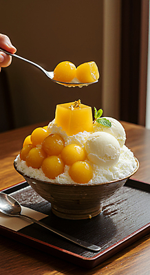 JPG 편집이미지 그릇 잎 손가락 아이스크림 들기 신체부위 숟가락 차가움 망고 한라봉 과일빙수 금박장식 나무쟁반 나무탁자 망고빙수 편집실사 AI인물포토 AI콘텐츠 식물 식기 손 과일 모션 탁자 디저트 쟁반 수저 사람 목재 장식 CG 열대과일 빙수 파일형식 AI포토