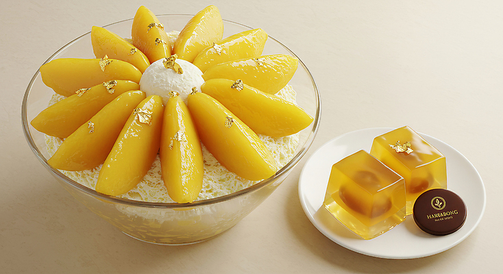 JPG 편집이미지 그릇 접시 아이스크림 사람없음 차가움 망고 푸딩 한라봉 과일빙수 금박장식 망고빙수 편집실사 AI포토 AI콘텐츠 식기 과일 디저트 장식 CG 열대과일 빙수 파일형식