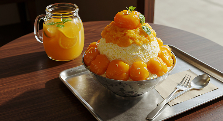 JPG 편집이미지 그릇 포크 잎 아이스크림 잔 사람없음 숟가락 차가움 과일주스 망고 한라봉 과일빙수 금박장식 나무탁자 망고빙수 편집실사 AI포토 AI콘텐츠 식물 식기 과일 탁자 디저트 수저 장식 주스 CG 열대과일 빙수 파일형식