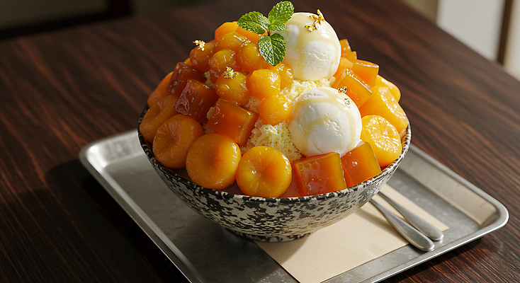 JPG 편집이미지 그릇 잎 아이스크림 쟁반 수저 사람없음 차가움 망고 한라봉 과일빙수 금박장식 나무탁자 망고빙수 편집실사 AI포토 AI콘텐츠 식물 식기 과일 탁자 디저트 장식 CG 열대과일 빙수 파일형식