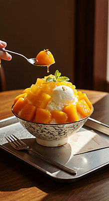 JPG 편집이미지 그릇 포크 잎 손가락 아이스크림 쟁반 들기 신체부위 숟가락 차가움 망고 한라봉 과일빙수 금박장식 나무탁자 망고빙수 편집실사 AI인물포토 AI콘텐츠 식물 식기 손 과일 모션 탁자 디저트 수저 사람 장식 CG 열대과일 빙수 파일형식 AI포토