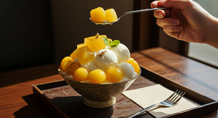 JPG 편집이미지 그릇 손 포크 잎 아이스크림 들기 신체부위 숟가락 차가움 망고 한라봉 과일빙수 금박장식 나무쟁반 나무탁자 망고빙수 편집실사 AI인물포토 AI콘텐츠 식물 식기 과일 모션 탁자 디저트 쟁반 수저 사람 목재 장식 CG 열대과일 빙수 파일형식 AI포토