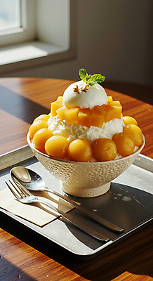 JPG 편집이미지 그릇 포크 잎 아이스크림 쟁반 사람없음 숟가락 차가움 망고 한라봉 과일빙수 금박장식 나무탁자 망고빙수 편집실사 AI포토 AI콘텐츠 식물 식기 과일 탁자 디저트 수저 장식 CG 열대과일 빙수 파일형식