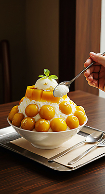 JPG 편집이미지 그릇 손 포크 잎 아이스크림 쟁반 들기 신체부위 숟가락 차가움 망고 한라봉 과일빙수 금박장식 나무탁자 망고빙수 편집실사 AI인물포토 AI콘텐츠 식물 식기 과일 모션 탁자 디저트 수저 사람 장식 CG 열대과일 빙수 파일형식 AI포토