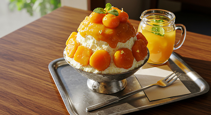 JPG 편집이미지 그릇 포크 잎 유리병 디저트 쟁반 사람없음 차가움 과일주스 망고 한라봉 과일빙수 금박장식 나무탁자 망고빙수 편집실사 AI포토 AI콘텐츠 식물 식기 음식 과일 탁자 병_용기 장식 주스 CG 열대과일 빙수 파일형식