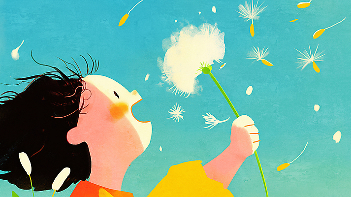 JPG 여자 얼굴 어린이 일러스트 한명 미소 들기 소녀 파란색 민들레홀씨 봄바람 소녀한명만 국내일러스트 AI일러스트 AI콘텐츠 1 컬러 모션 바람 표정 사람 신체부위 민들레 여자한명만 소녀만 파일형식