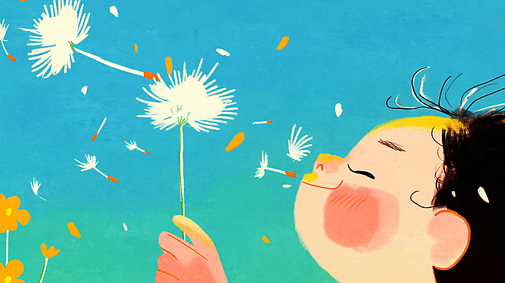 JPG 여자 얼굴 어린이 일러스트 한명 미소 들기 소녀 파란색 눈감음 민들레홀씨 봄바람 소녀한명만 국내일러스트 AI일러스트 AI콘텐츠 1 컬러 모션 바람 표정 사람 신체부위 민들레 여자한명만 소녀만 파일형식