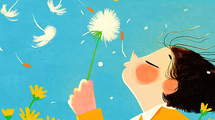 JPG 여자 얼굴 어린이 일러스트 한명 미소 들기 소녀 파란색 눈감음 불기 민들레홀씨 봄바람 소녀한명만 국내일러스트 AI일러스트 AI콘텐츠 1 컬러 모션 바람 표정 사람 신체부위 민들레 여자한명만 소녀만 파일형식