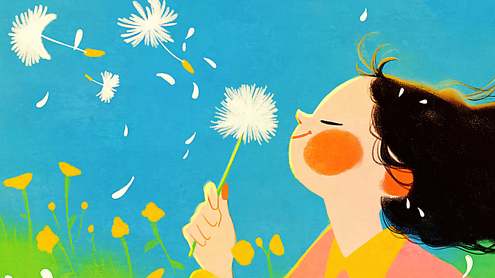 JPG 여자 얼굴 어린이 일러스트 한명 미소 들기 소녀 파란색 눈감음 민들레홀씨 봄바람 소녀한명만 국내일러스트 AI일러스트 AI콘텐츠 1 컬러 모션 바람 표정 사람 신체부위 민들레 여자한명만 소녀만 파일형식