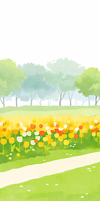 JPG 나무 꽃밭 일러스트 봄꽃 수채화 잔디 사람없음 연두색 평화 봄풍경 공원길 국내일러스트 AI일러스트 AI콘텐츠 식물 꽃 길 컨셉 풍경 초록색 봄 파일형식