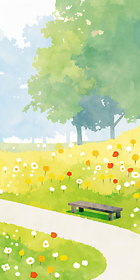 JPG 나무 꽃밭 벤치 일러스트 봄꽃 수채화 잔디 사람없음 연두색 평화 봄풍경 공원길 국내일러스트 AI일러스트 AI콘텐츠 식물 꽃 길 컨셉 의자 풍경 초록색 봄 파일형식