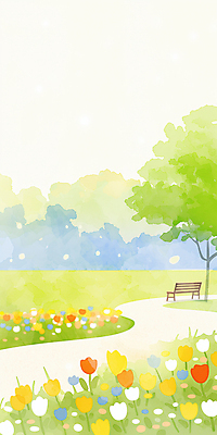 JPG 나무 꽃밭 벤치 일러스트 봄꽃 수채화 잔디 사람없음 연두색 평화 봄풍경 공원길 국내일러스트 AI일러스트 AI콘텐츠 식물 꽃 길 컨셉 의자 풍경 초록색 봄 파일형식