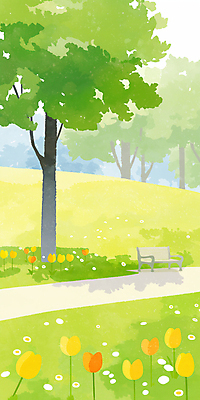 JPG 나무 꽃밭 벤치 일러스트 봄꽃 수채화 잔디 사람없음 연두색 평화 봄풍경 공원길 국내일러스트 AI일러스트 AI콘텐츠 식물 꽃 길 컨셉 의자 풍경 초록색 봄 파일형식