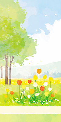 JPG 나무 구름 꽃밭 일러스트 봄꽃 하늘 수채화 잔디 사람없음 연두색 평화 봄풍경 공원길 국내일러스트 AI일러스트 AI콘텐츠 자연요소 식물 꽃 길 컨셉 풍경 초록색 봄 파일형식
