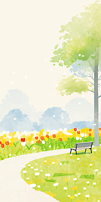 JPG 나무 꽃밭 벤치 일러스트 봄꽃 수채화 잔디 사람없음 연두색 평화 봄풍경 공원길 국내일러스트 AI일러스트 AI콘텐츠 식물 꽃 길 컨셉 의자 풍경 초록색 봄 파일형식