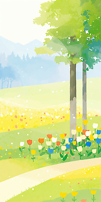 JPG 나무 꽃밭 일러스트 봄꽃 수채화 산 잔디 사람없음 연두색 평화 봄풍경 공원길 국내일러스트 AI일러스트 AI콘텐츠 식물 꽃 길 컨셉 풍경 초록색 봄 파일형식