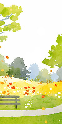 JPG 나무 꽃밭 벤치 일러스트 봄꽃 수채화 잔디 사람없음 연두색 평화 봄풍경 공원길 국내일러스트 AI일러스트 AI콘텐츠 식물 꽃 길 컨셉 의자 풍경 초록색 봄 파일형식