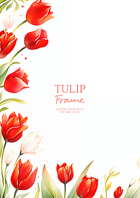 PSD 잎 일러스트 수채화 사람없음 빨간색 튤립 꽃프레임 카피스페이스 국내일러스트 식물 꽃 컬러 프레임 공백 파일형식