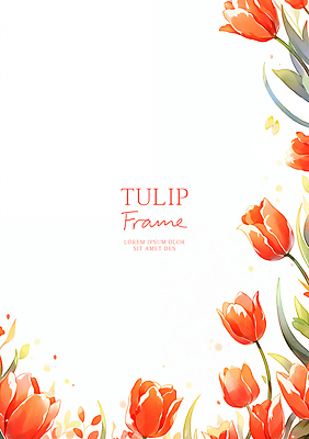 PSD 잎 일러스트 수채화 사람없음 빨간색 튤립 꽃프레임 카피스페이스 국내일러스트 식물 꽃 컬러 프레임 공백 파일형식