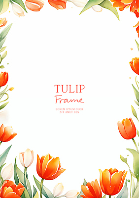 PSD 잎 일러스트 수채화 사람없음 빨간색 튤립 꽃프레임 카피스페이스 국내일러스트 식물 꽃 컬러 프레임 공백 파일형식