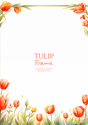 PSD 잎 일러스트 수채화 사람없음 빨간색 튤립 꽃프레임 카피스페이스 국내일러스트 식물 꽃 컬러 프레임 공백 파일형식