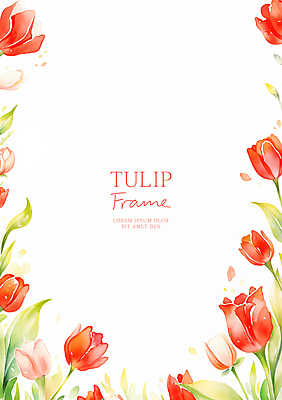PSD 잎 일러스트 수채화 사람없음 빨간색 튤립 꽃프레임 카피스페이스 국내일러스트 식물 꽃 컬러 프레임 공백 파일형식