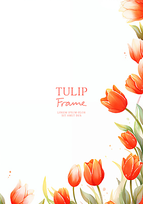 PSD 잎 일러스트 수채화 사람없음 빨간색 튤립 꽃프레임 카피스페이스 국내일러스트 식물 꽃 컬러 프레임 공백 파일형식