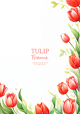 PSD 잎 일러스트 수채화 사람없음 빨간색 튤립 꽃프레임 카피스페이스 국내일러스트 식물 꽃 컬러 프레임 공백 파일형식