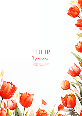 PSD 잎 일러스트 수채화 사람없음 빨간색 튤립 꽃프레임 카피스페이스 국내일러스트 식물 꽃 컬러 프레임 공백 파일형식