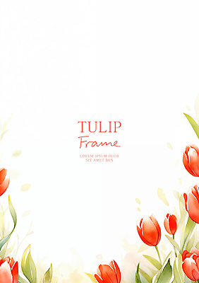 PSD 잎 일러스트 수채화 사람없음 빨간색 튤립 꽃프레임 카피스페이스 국내일러스트 식물 꽃 컬러 프레임 공백 파일형식