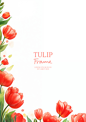 PSD 잎 일러스트 수채화 사람없음 빨간색 튤립 꽃프레임 카피스페이스 국내일러스트 식물 꽃 컬러 프레임 공백 파일형식